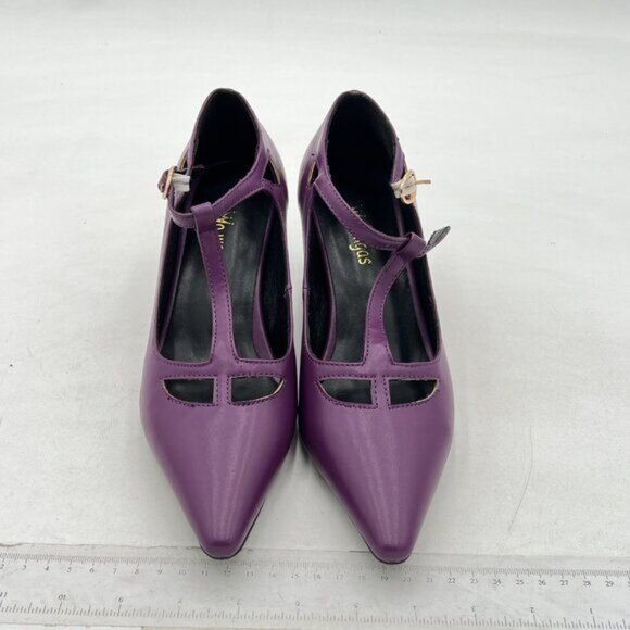 Women’s Ankle Strap Pumps Low Kitten Heels T Strap Mary Jane Pointed Toe Purple - Picture 3 of 7